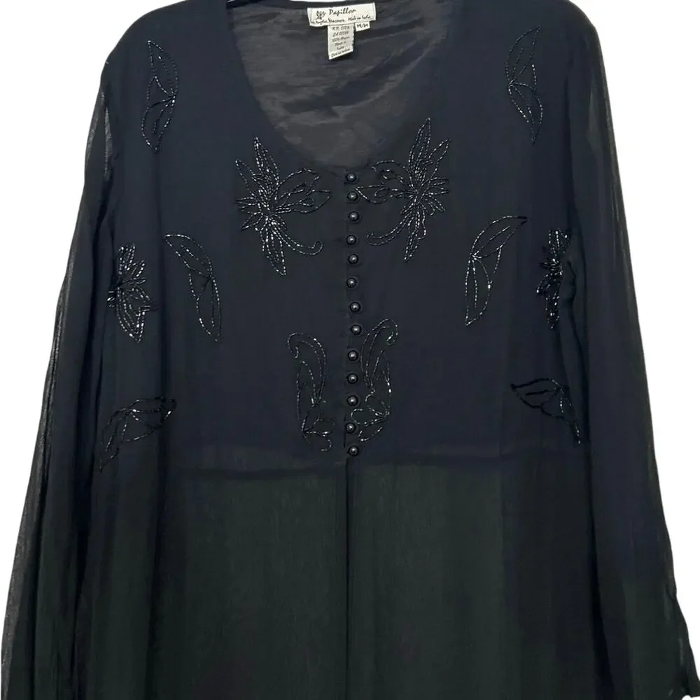 Y2K Sheer Black Beaded Duster Maxi Dress M Whimsigoth Indie Witchy Goth Overlay - Picture 1 of 13